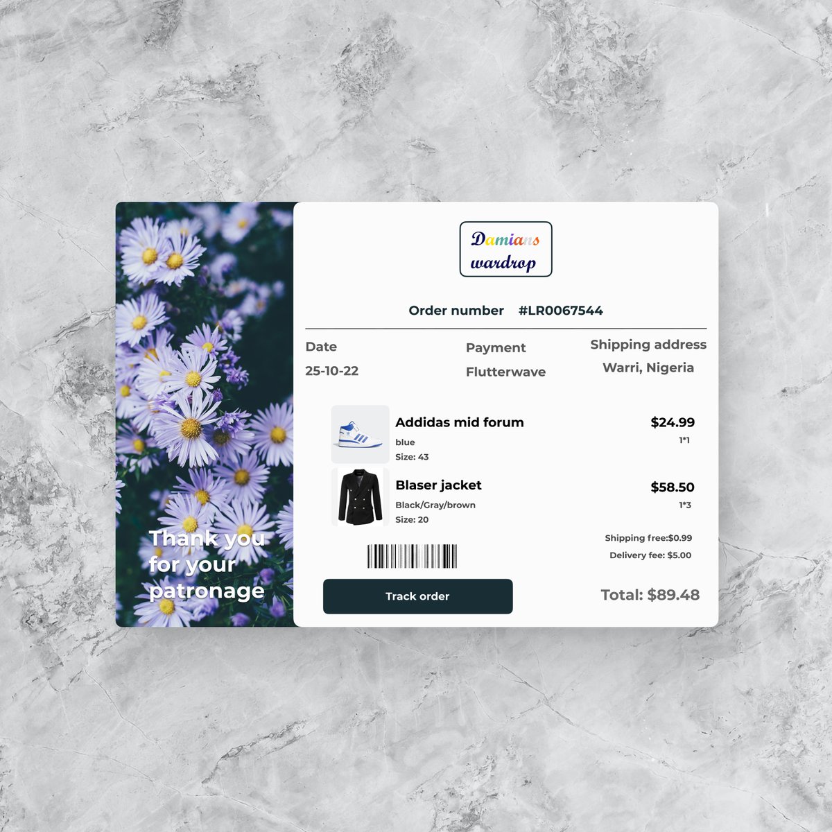 VictorRegha's tweet photo. Hello everyone here's my day 17 design challenge-Email receipts- I believe flowers show appreciation, and I think they should be added to receipts. Here's my version of an email receipt
#ui #uiux #dailyui #dailyui #dailyuichallenge #dailyui017 #emailreceipt #email #EmailMarket https://t.co/kWJSwnb1lW