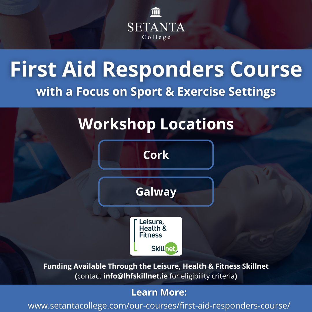 SetantaCollege's tweet photo. We are looking forward to delivering a First Aid Responder PHECC-accredited course.
Students will study four online modules and attend two training days in either our Cork or Galway facility.
Learn more: https://t.co/sX7BpvUdew
#SetantaCollege https://t.co/cvohopeiay