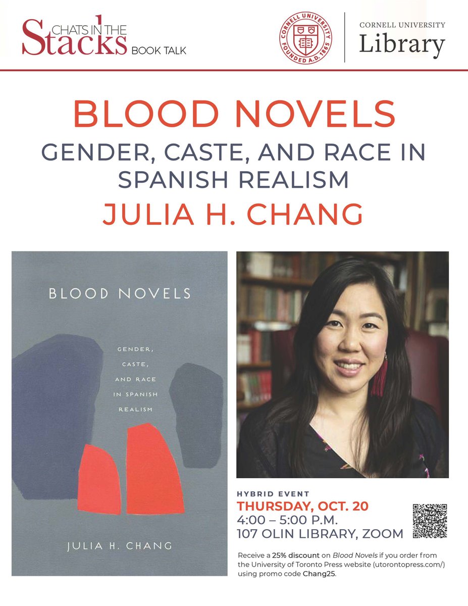 Romance Studies (@cornellroms) on Twitter photo Let's have a chat in the stacks! Join us tomorrow as @danger_chang discusses her new book "Blood Novels: Gender, Caste and Race in Spanish Realism"! 4 p.m. in 107 Olin <a href="/Cornell_Library/">Cornell_Library</a>, and on Zoom! Let's have a chat in the stacks! Join us tomorrow as @danger_chang discusses her new book "Blood Novels: Gender, Caste and Race in Spanish Realism"! 4 p.m. in 107 Olin <a href="/Cornell_Library/">Cornell_Library</a>, and on Zoom!