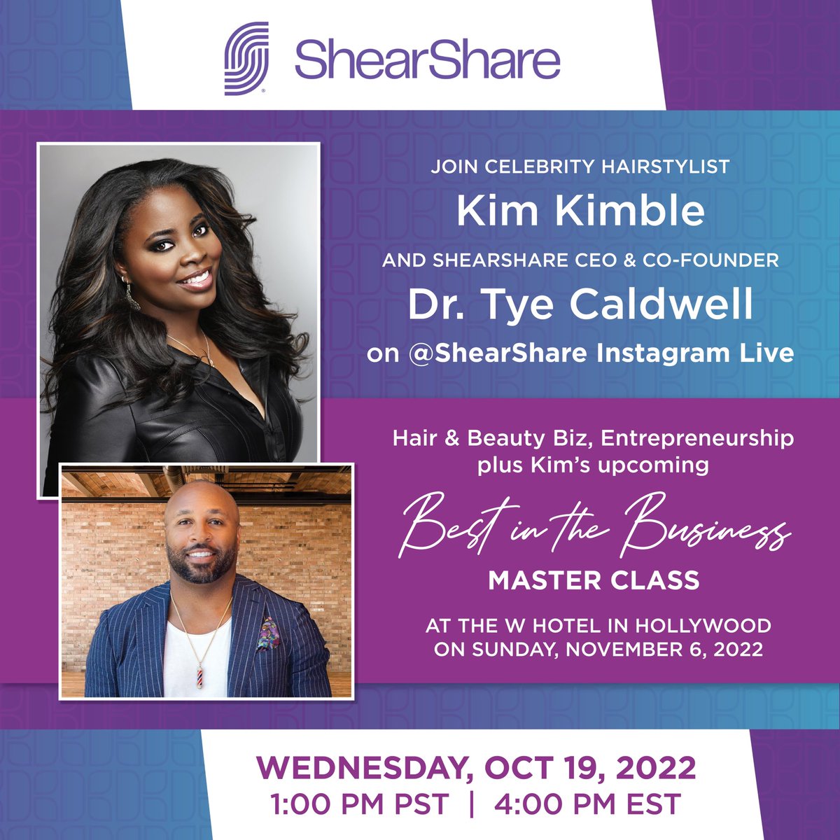 Another Instagram LIVE, today Wednesday 10/19/22 Q&A Best in Biz conference and All Things Hair Time: 1PM PST | 4PM PST With: @drtyecaldwell @kimblehaircare & @shearshare Link in bio Best in Biz Conference 11/06/22 #bestinthebiz #masterclass #kimblehaircare #walmart