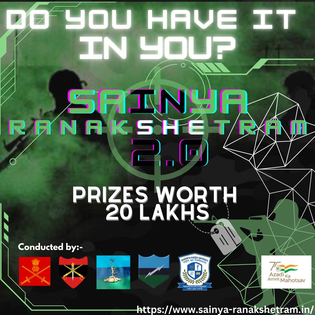 SRanakshetram's tweet photo. Registrations for India’s largest #indianarmy Hackathon SAINYA RANAKSHETRAM 2.0 are going on at: https://t.co/pr6vBy28LF
To celebrate this milestone this year we bring you even bigger and better challenges in #securecoding #Al #Ml #ESO and #ctf with prizes worth RS. 20 LAKHS!!! https://t.co/EdUnxokRGL
