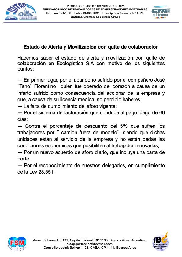 PrensaSutap's tweet photo. Nos encontramos en ESTADO DE ALERTA Y MOVILIZACIÓN CON QUITE DE COLABORACIÓN en EXOLOGISTICA S.A. Seguimos luchando por el respeto de los derechos de los trabajadores! @IDC_Dockers @Exolgan https://t.co/l8niwakN6C