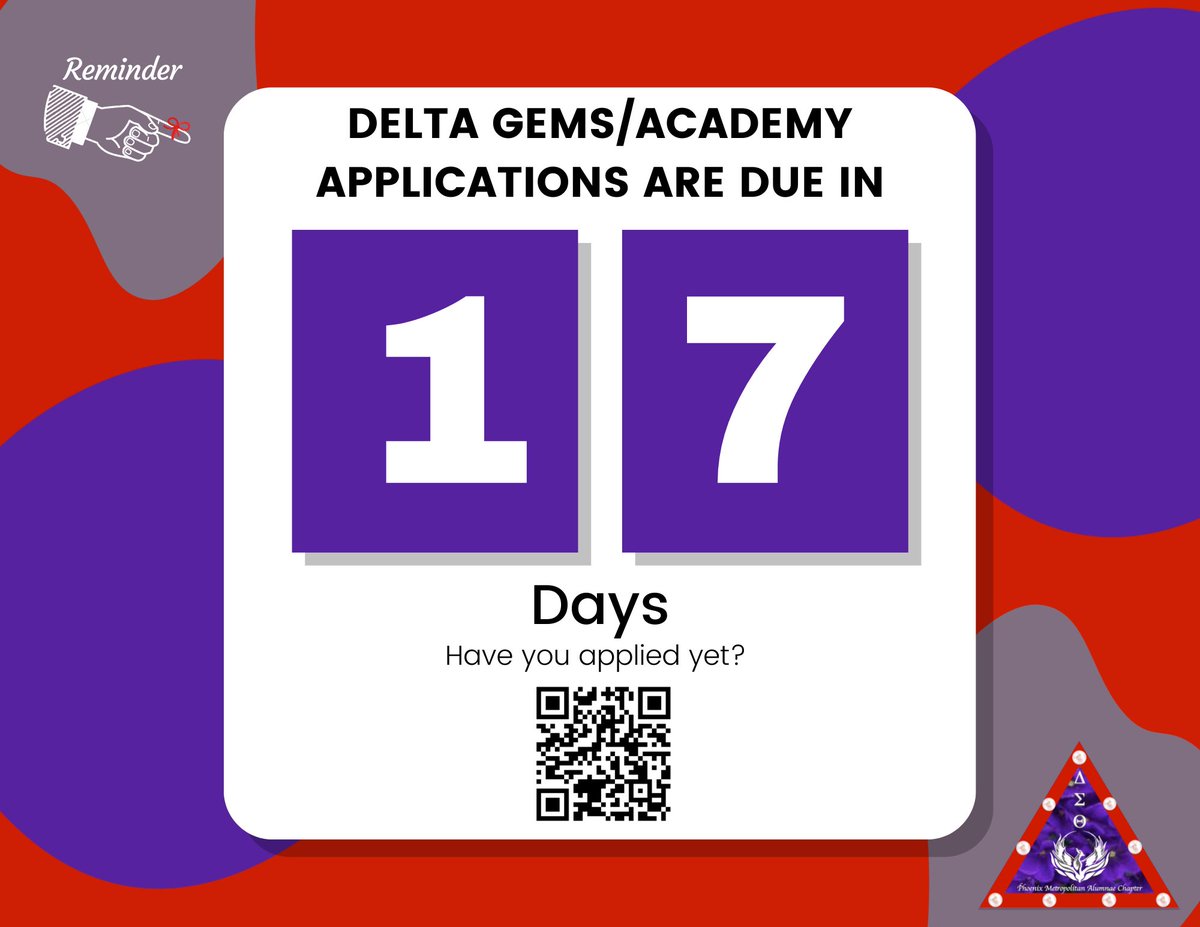 Happy Wednesday!

Applications for Delta GEMS/Academy are due in 17 days. Have you submitted yet? 

All completed applications and Parent/Guardian forms should be sent to 2ndvp@dstphoenixalumnae.org no later than November 5, 2022. 

💻dstphoenixalumnae.org/5-point-thrust