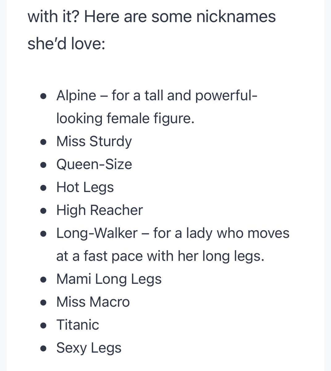 BrandyLJensen's tweet photo. found this list of potential nicknames for a tall woman. bet they’d all go over really well https://t.co/DiBUTe7sFV