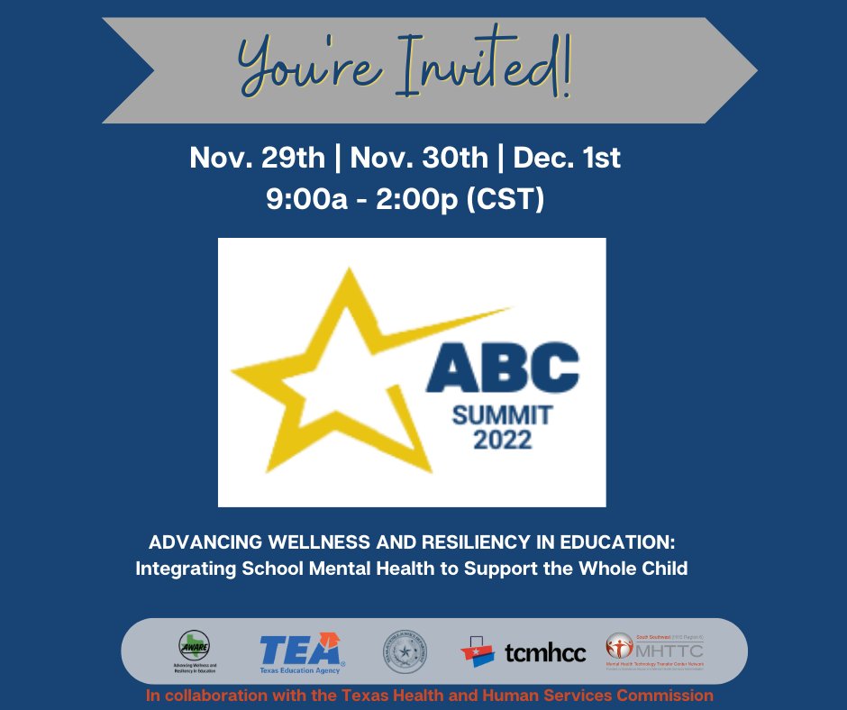 We are pleased to partner with the Texas Education Agency and other state partners to host the 6th ABC Summit. This year’s theme is Integrating School Mental Health to Support the Whole Child. To learn more, view the event flyer, and register, visit mhttcnetwork.org/centers/south-…