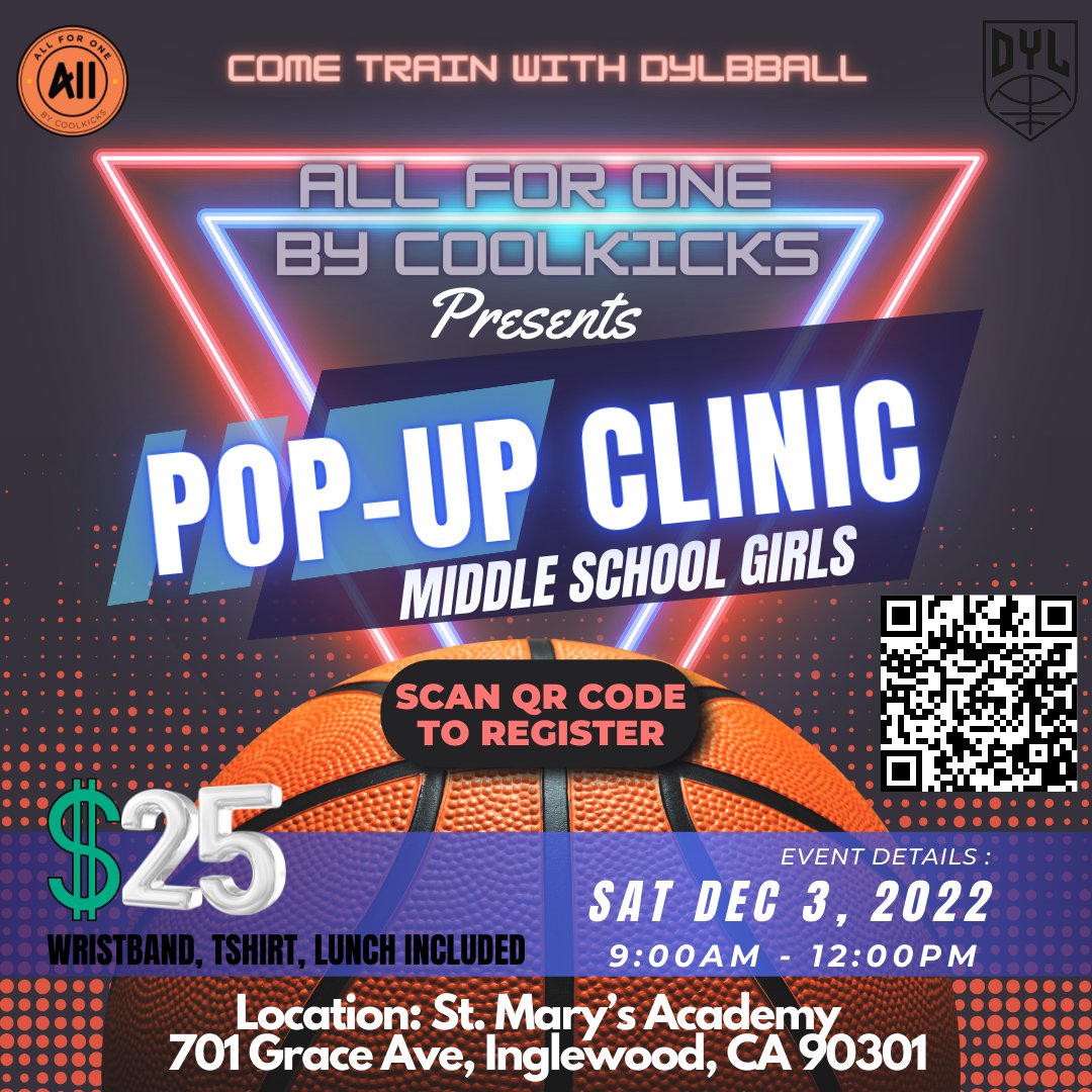 All for One Sports by Coolkicks and Defend Your Legacy Basketball present Pop-Up Clinics ! A monthly basketball experience for youth in the community. When: December 3, 2022 Where: St. Mary’s Academy Time: 9:00AM - 12:00PM Cost: $25 Capacity: 50 athletes