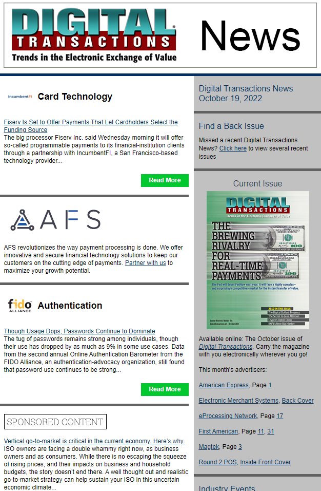 DTPaymentNews's tweet photo. Today’s Digital Transactions News: Fiserv and Cardholder Choice; How Long Will Passwords Reign? SpotOn Beefs up Restaurant Services
https://t.co/dcFkemKDmW
#payments #cardholders #fundingsources #authentication #passwords #FIDOAlliance #restaurantPOS #reservations https://t.co/fCOyiMe88u