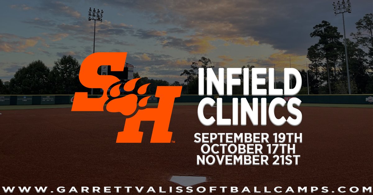 Several camps and clinics upcoming at Bearkat Stadium. Register before spots fill, spots are limited.

Nov 14- Hitting Clinic
Nov 21- Pitching and Infield Clinic

Dec 3- Elite Camp (Now Open)

Register at garrettvalissoftballcamps.com

#EatEmUpKats #KatClinicsCamps