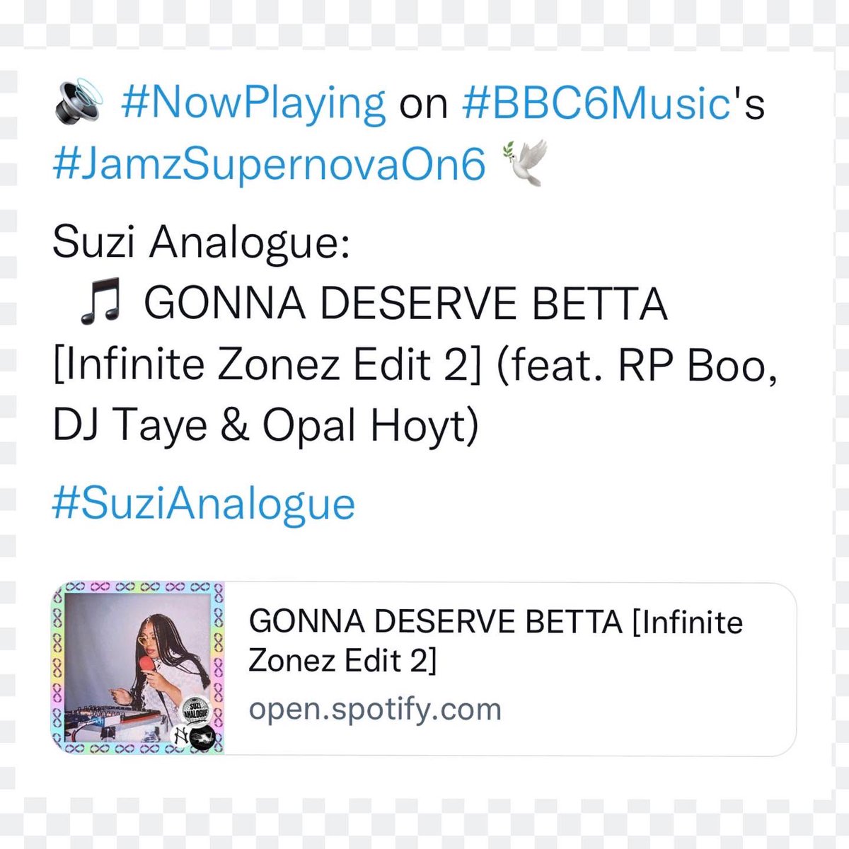 suziAnalog's tweet photo. x This tweet is dedicated to everyone worldwide Playing My Music From BBC Radio to @bandcamp and beyond: THANK YOU FOR SHARING MY SOUND. π€β¨ #InfiniteZonez is out now worldwide on vinyl + streaming & #TheReceiver Suzi Analogue Remix for @aprilandvista is out too. β€οΈβπ₯ x https://t.co/SzK3Pz0lkk
