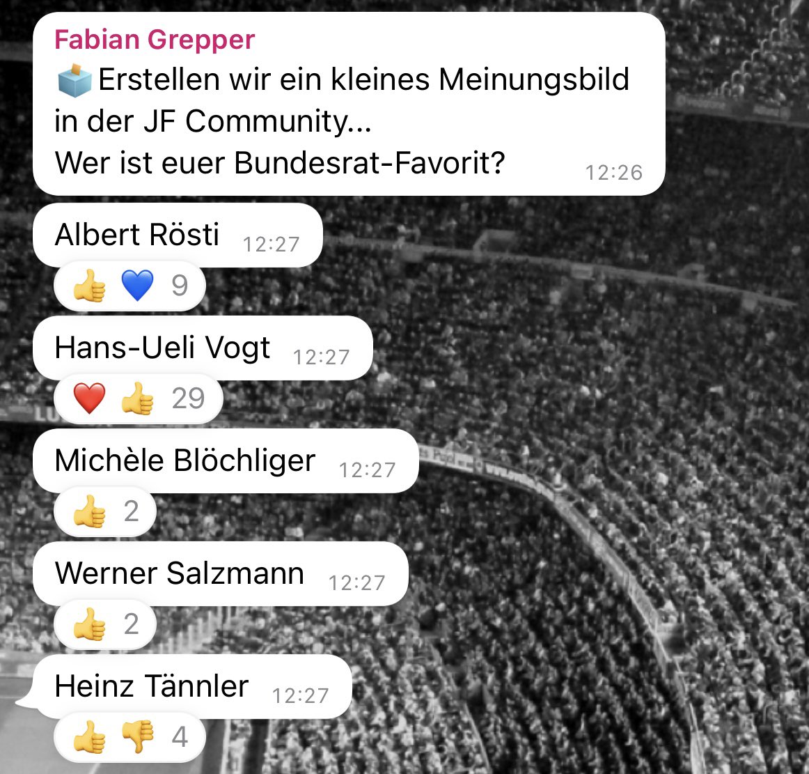 Luis Deplazes (@luisdeplazes) on Twitter photo Würde der #Jungfreisinn wählen, wäre die Sache klar.
#BRWahl #Bundesrat #SVP
<a href="/hansuelivogt/">Hans-Ueli Vogt</a> Würde der #Jungfreisinn wählen, wäre die Sache klar.
#BRWahl #Bundesrat #SVP
<a href="/hansuelivogt/">Hans-Ueli Vogt</a>