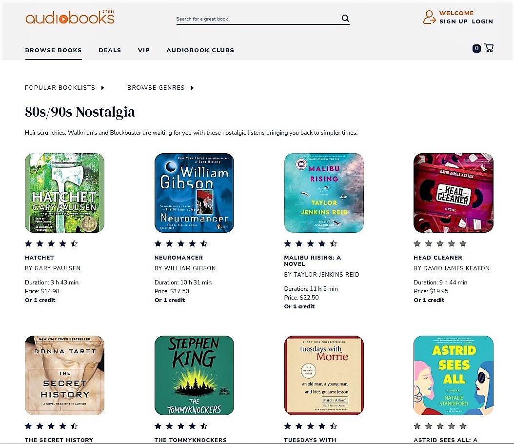 HEAD CLEANER over at Audiobooks.com today on an "80s/90s Nostalgia" list:

"Hair scrunchies, Walkmans and Blockbuster are waiting for you with these nostalgic listens bringing you back to simpler times."