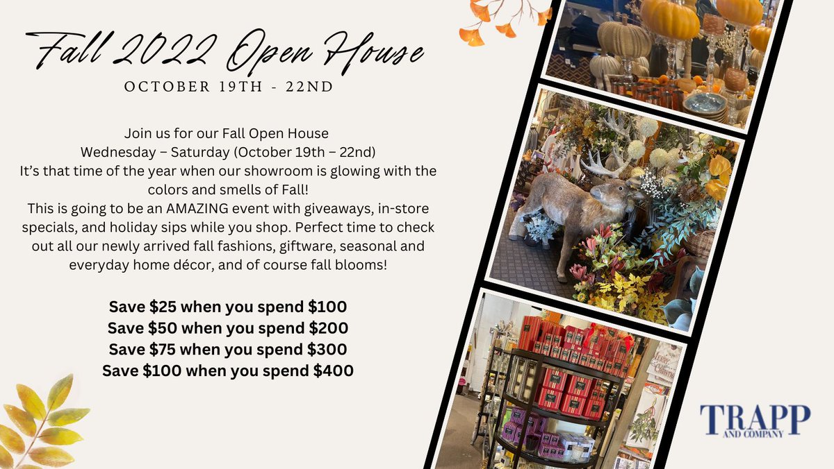 TrappandCompany's tweet photo. Our Fall Open House kicks off today and we can’t wait for you to stop by! Our showroom is glowing with the colors and smells of fall and it’s the perfect time to check out all our newly arrived fall fashions, giftware, seasonal and everyday home décor, and of course fall blooms! https://t.co/kyHeasd09O