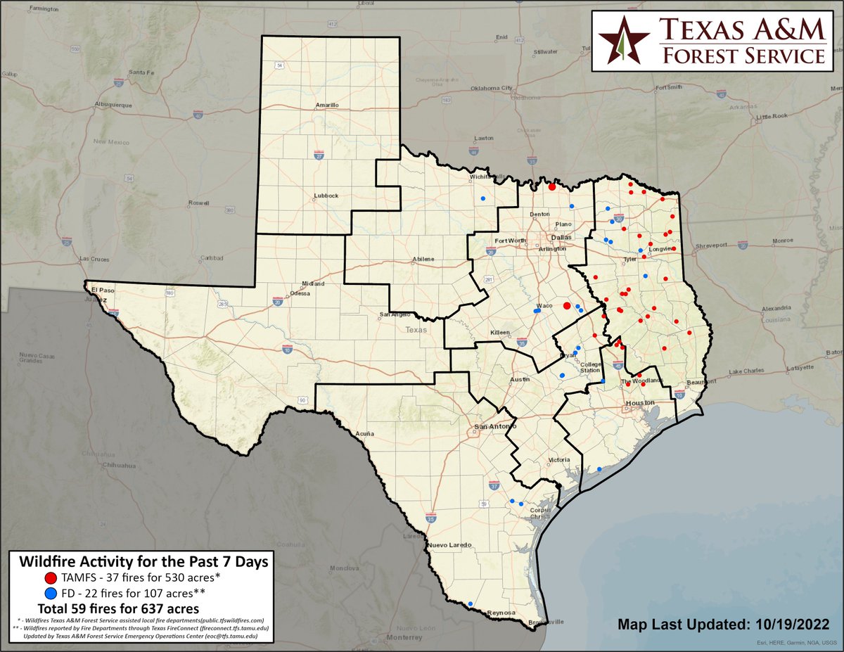 Yesterday, Texas A&M Forest Service responded to 6 wildfires for 18.3 acres burned. Wildfire activity is possible today in timber litter fuels (down/dead woody vegetation) in areas of East and North Texas where less than 1/2 inch of rain was received.
