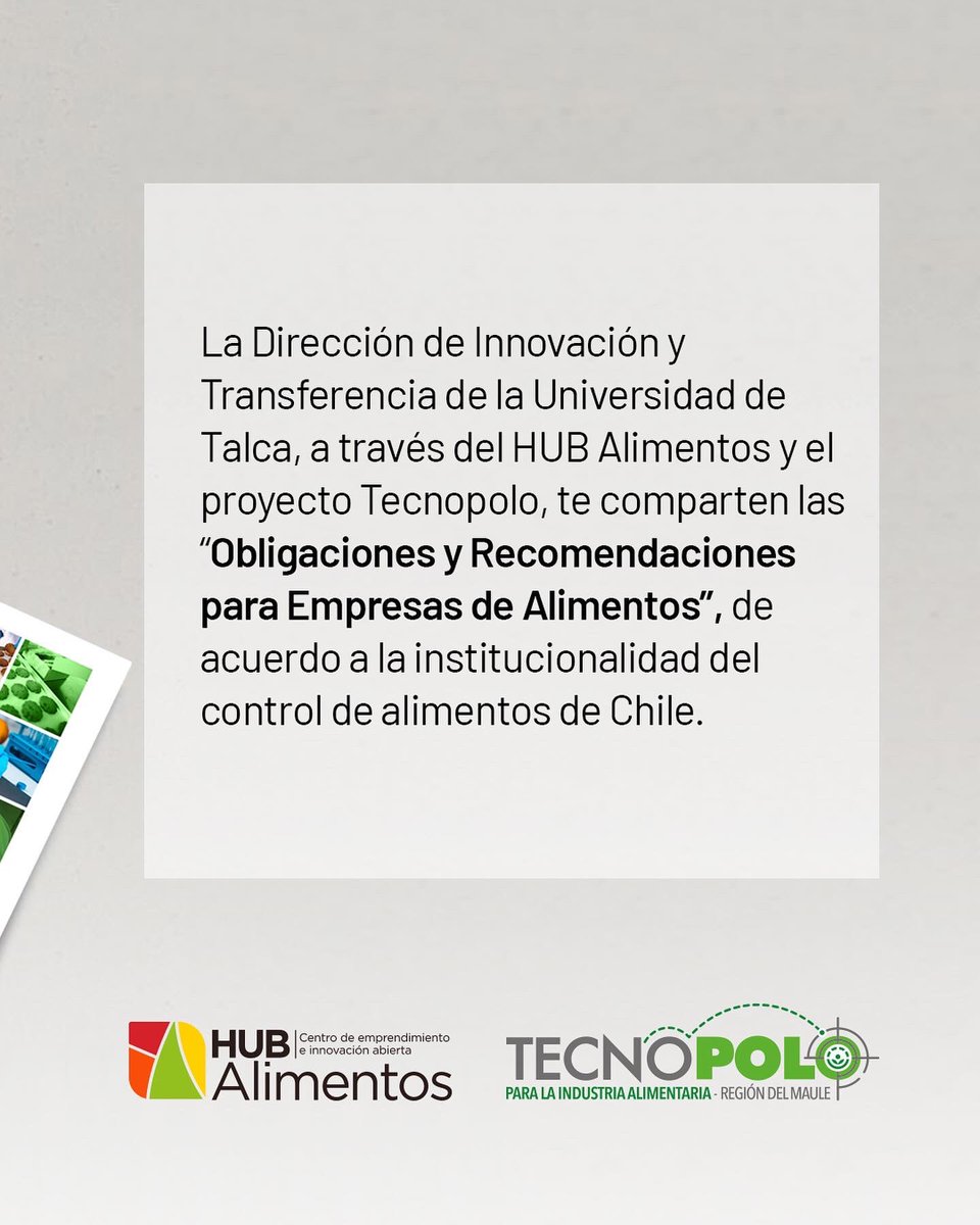 Hub Alimentos, te informa sobre los requisitos para las empresas de alimentos en Chile.

Conoce más sobre las Obligaciones y Recomendaciones para Empresas de Alimentos en linktr.ee/HubAlimentos

#inocuidadalimetaria #industriaalimentaria #alimentos #innovación #emprendimiento