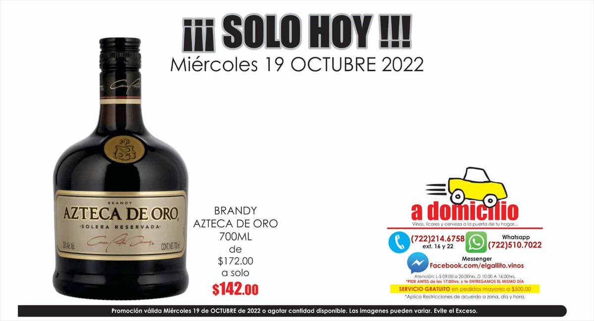 vinoselgallito's tweet photo. SOLO HOY AMIGALLITOS…

#solohoy #miercoles #promociones #amigallitos #servicioadomicilio #brandy #aztecadeoro https://t.co/oC6bSztWmY