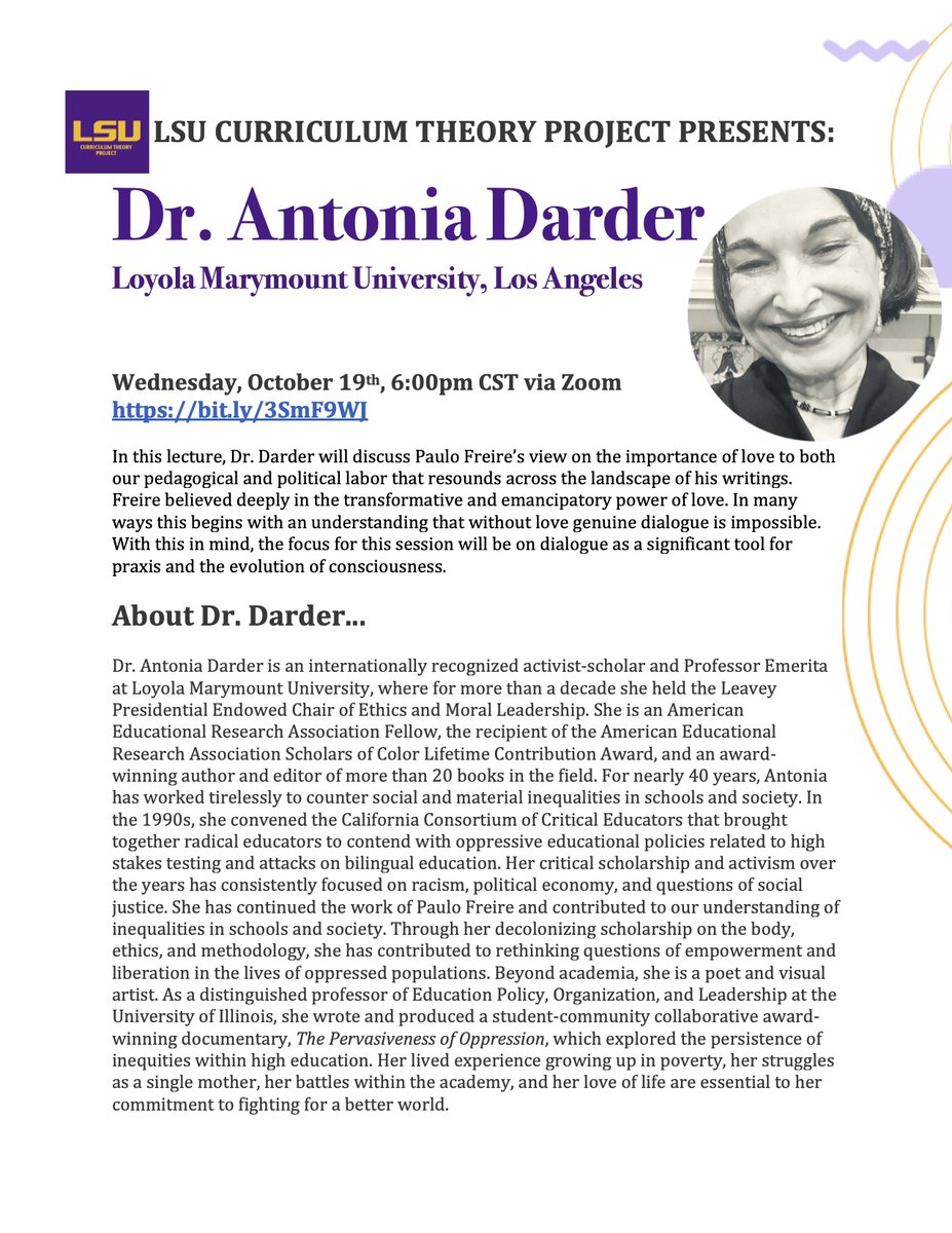 Happening TONIGHT on Zoom! Guest lecture with <a href="/darder/">Darder</a> Follow this link: lsu.zoom.us/meeting/regist…