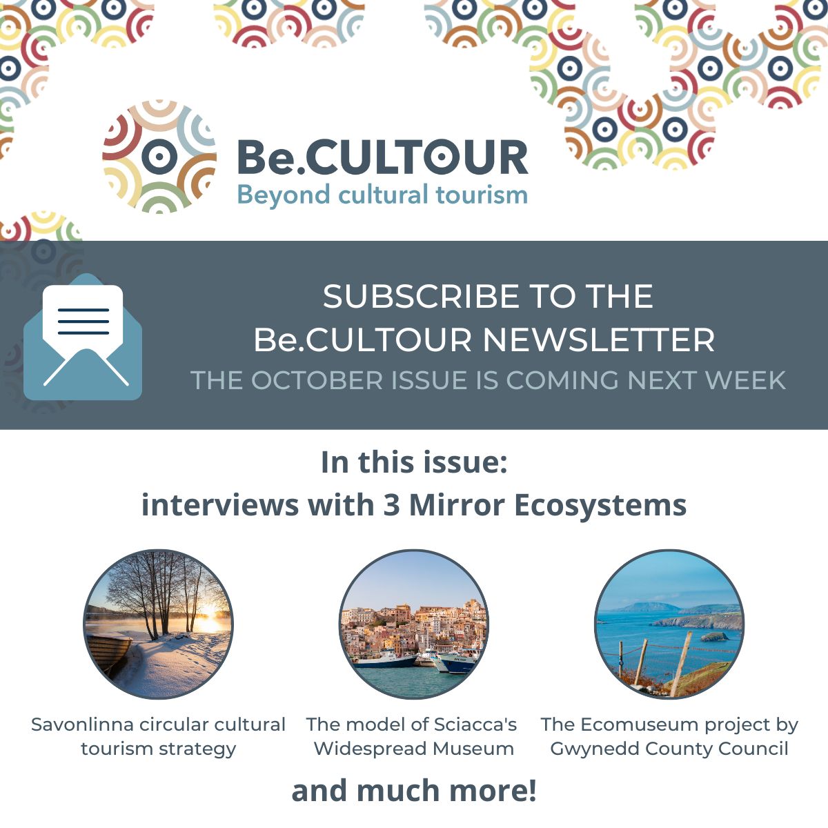 Be.CULTOUR (@becultour) on Twitter photo The October issue of the Be.CULTOUR newsletter will be out next week! Featuring:
📰Be.CULTOUR Policy Learning Lab and Hackathon news
🎙Interviews with 3 Mirror Ecosystems: <a href="/Ecoamgueddfa/">#Ecoamgueddfa</a>
<a href="/SavonlinnaFIN/">Savonlinna Travel</a> <a href="/NatMuseum_FI/">Kansallismuseo</a>
<a href="/ecomuseosciacca/">Museo Diffuso dei 5 Sensi</a>
✍Subscribe to the Newsletter and stay tuned! The October issue of the Be.CULTOUR newsletter will be out next week! Featuring:
📰Be.CULTOUR Policy Learning Lab and Hackathon news
🎙Interviews with 3 Mirror Ecosystems: <a href="/Ecoamgueddfa/">#Ecoamgueddfa</a>
<a href="/SavonlinnaFIN/">Savonlinna Travel</a> <a href="/NatMuseum_FI/">Kansallismuseo</a>
<a href="/ecomuseosciacca/">Museo Diffuso dei 5 Sensi</a>
✍Subscribe to the Newsletter and stay tuned!