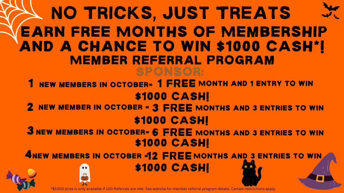 TFEquation's tweet image. Going on through October 31st TFE has a Member Referral Program contest. Refer friends for a chance to win $1,000*!  Bring in your friends and family for a chance to win and to have a great workout friend. 
#fitness #NoTricksJustTreats#Referrals#TFE #Treatyourself#Workout#gymlife