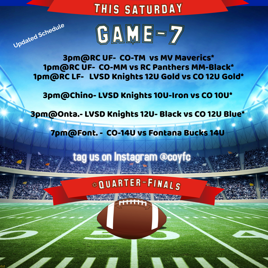 COYFC's tweet photo. UPDATED SCHEDULE

Good Luck everyone. 💙🏈💛📣
#COYFC #Quarterfinals https://t.co/Hm7tyfVUYz