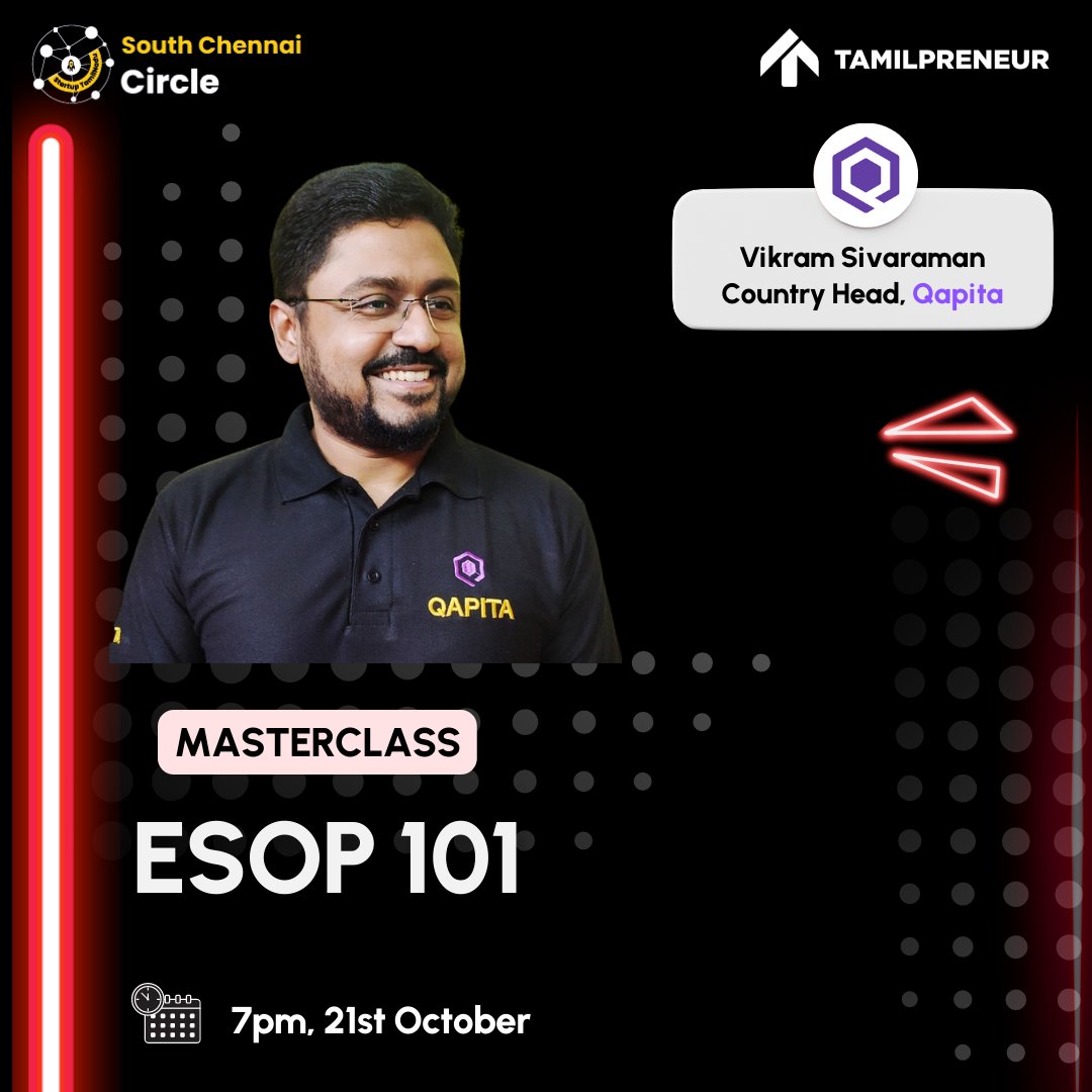 Get to know all you need to know about ESOPs at Tamilpreneur Club - Masterclass #10 from Vikram Sivaraman, Country Head, 
<a href="/qapita/">Qapita</a>
 Date: 21-10-2022 (Friday)
Time: 7pm

Want to attend the session, but not a member of Tamilpreneur Club? Worry not! Join Now - tamilpreneur.in/club