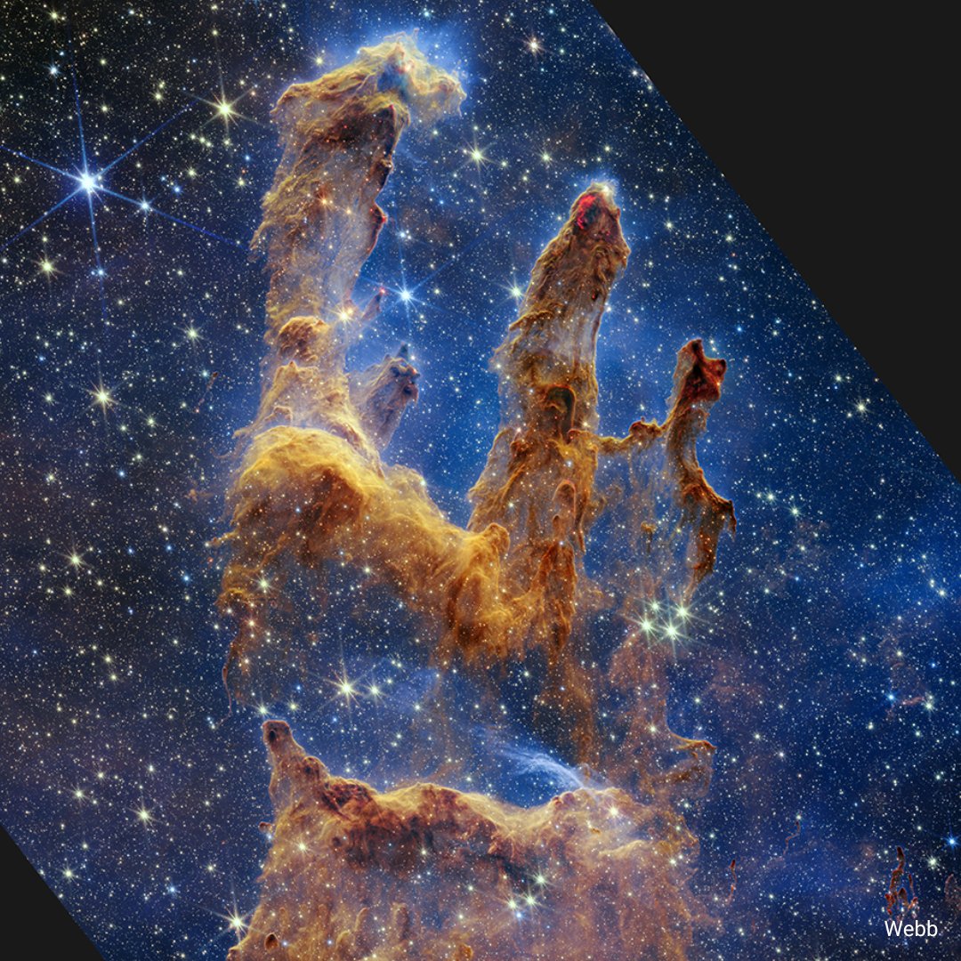 What better way to mark #NewFriendsDay than with this new view? One of Hubble’s most iconic shots now has a complementary companion from our friend @NASAWebb! This star-forming region is known as the Pillars of Creation, and shows a small region of the Eagle Nebula.