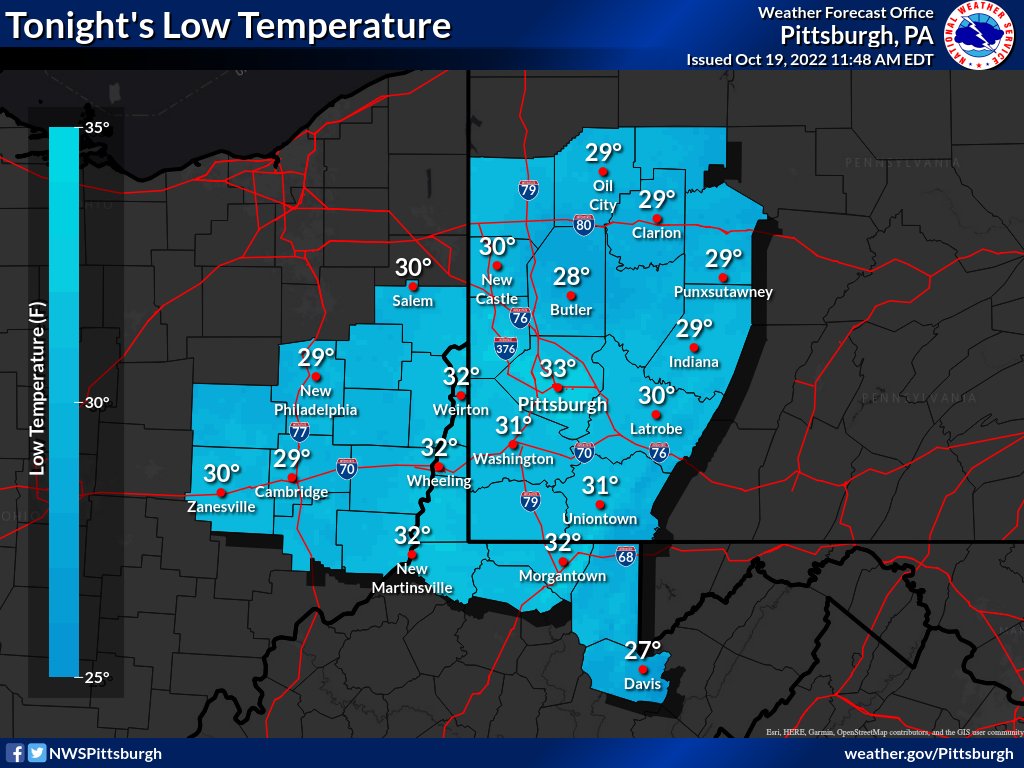 A Freeze Warning has been issued valid from 2am till 10am Thursday, 10/20 covering all locations where the growing season remains active (the one area excluded is Tucker County, WV). Take this time to protect tender plants as all locations will see lows near to below 32°F.