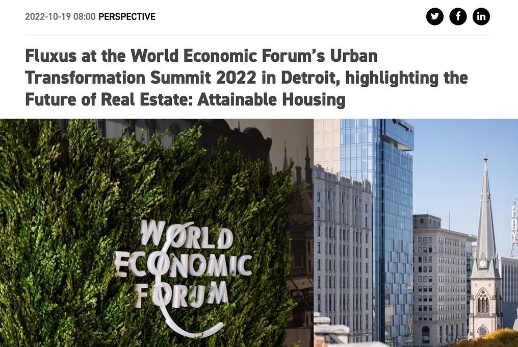 fluxus_llc's tweet photo. Fluxus at the World Economic Forum’s Urban Transformation Summit 2022 in Detroit, highlighting the Future of Real Estate: Attainable Housing. 
https://t.co/HDsrfqTGa8

#UTS22 #wef #cities #urban #transformation #affordable #housing #realestate #technology #design #investment #ESG https://t.co/5xER63lb16