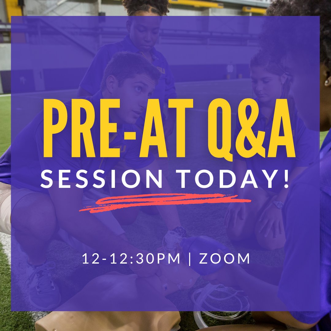 LSU_Kinesiology's tweet photo. The Pre-AT Q&A zoom session starts in 2 hours! You can still register and attend to get all your #athletictraining questions answered by our AT faculty! Link below to register! #preAT #geauxAT @lsuchse @chsestudentservices @lsuathtraining
https://t.co/hu2Dg32QKN https://t.co/AHMZaQxaQW