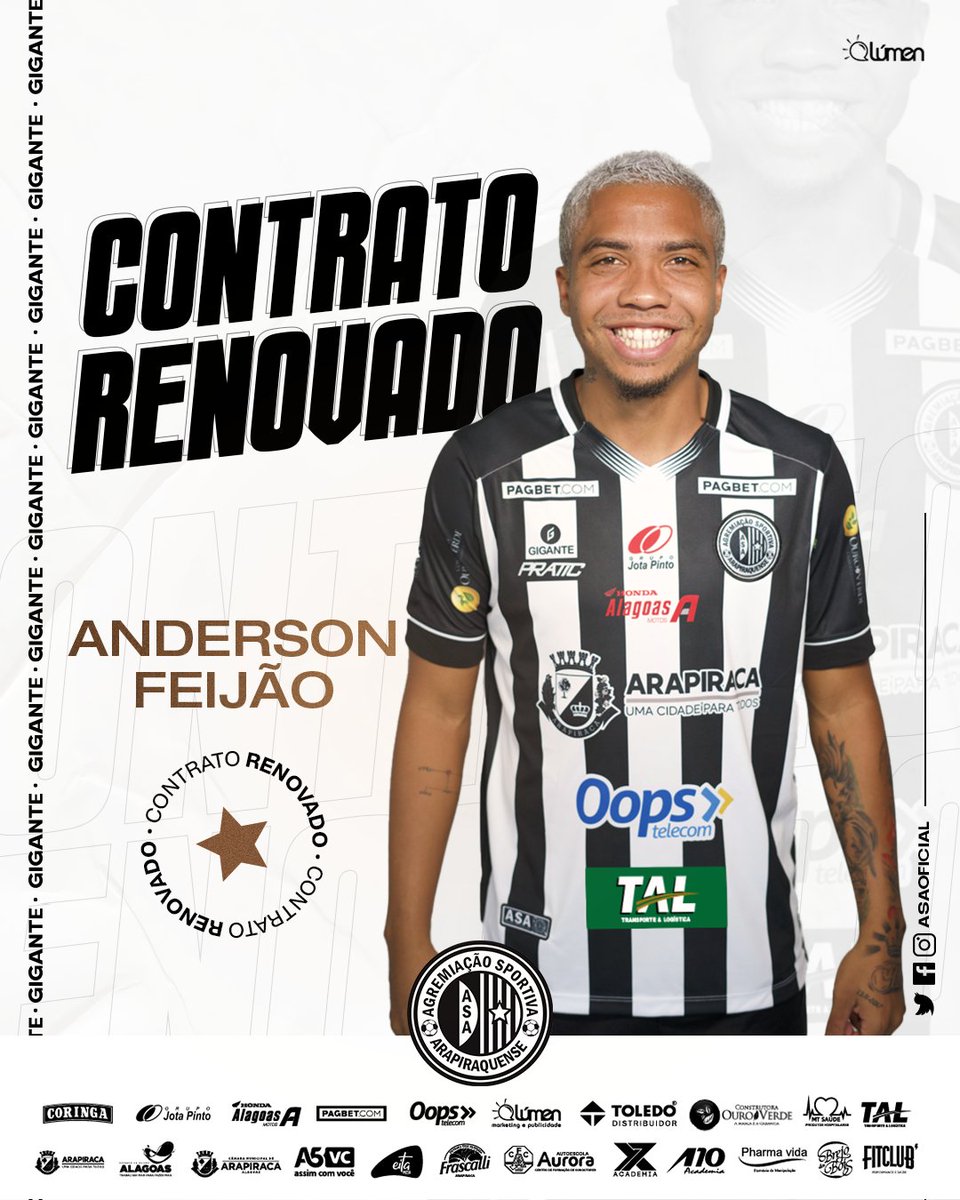 ASAoficial's tweet photo. Um dos destaques do ano de 2022, Anderson Feijão renova contrato com o GIGANTE para a próxima temporada. Feijão entrou na equipe alvinegra ainda no início do ano e participou de todas as competições do clube, tendo atuado em 34 jogos e balançado a rede por 12 vezes.

#SOUASA https://t.co/2pHbbd5GVp