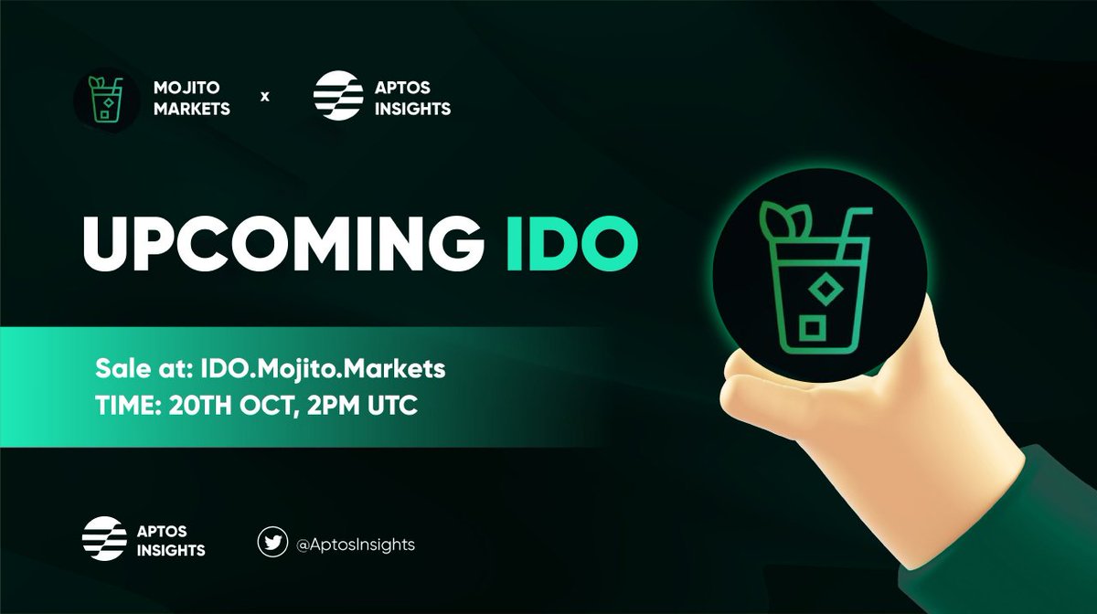 ☀️ 5 WHITELIST slots of <a href="/MojitoMarkets/">MojitoMarkets</a> for <a href="/AptosInsights/">Aptos Insights 🌐🖤🤍</a> community

🔥 Link : ido.mojito.markets 

To win👇
1️⃣ Follow <a href="/AptosInsights/">Aptos Insights 🌐🖤🤍</a> &amp; <a href="/MojitoMarkets/">MojitoMarkets</a>
2️⃣ Like &amp; Retweet this tweet
3️⃣ Tag 3 friends
4️⃣ Join discord and take a screenshot: discord.com/invite/mojito-…

Full details👇