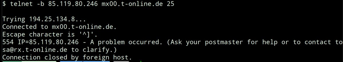 Deutsche Telekom are now default blocking email from ALL non-allowlisted IPs at the IP level. Which means that @BitFolk's mail server for the main domain, our mailing lists and our support system can't communicate with anyone a t-online address (amongst others).