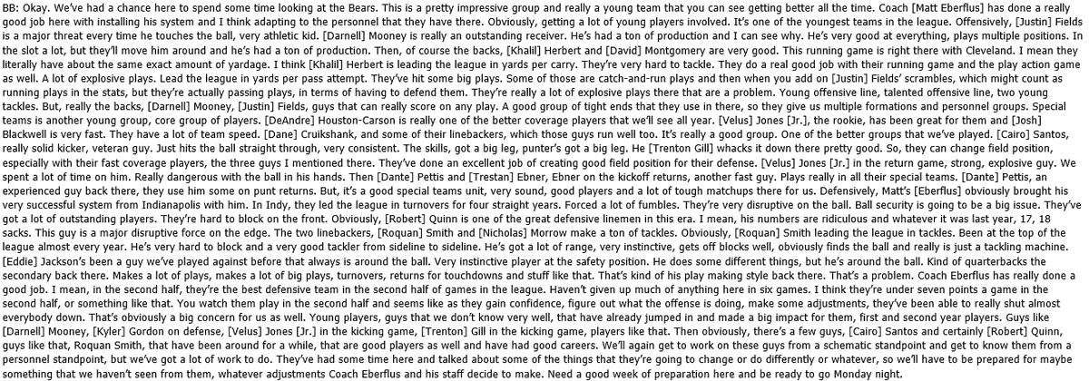 DakRandall's tweet photo. Bill Belichick with a whopping seven minutes and over 1,000 words on how good the Bears are https://t.co/xS9UbK7zru