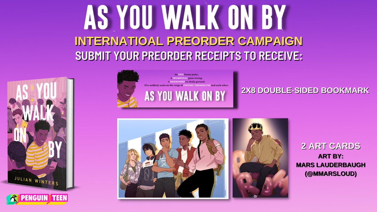 julianw_writes's tweet photo. 💛💜Announcing the #AsYouWalkOnBy Preorder Campaign! OPEN INTERNATIONALLY!💜💛

Submit your preorder receipt by 1/23/23 to receive:

✨Double-sided AYWOB Bookmark
✨Group character art card
✨Art card of AYWOB's MC, Theo
✨Form: https://t.co/eVklp2HtX1

Wait, more in next tweet! https://t.co/6TsBiG4oZh