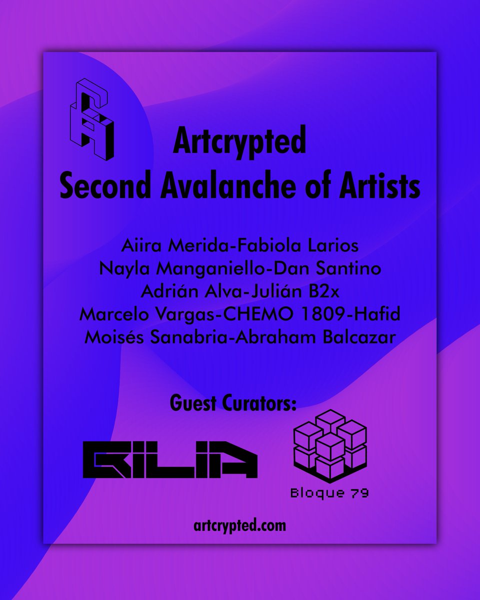 Introducing the lineup for our second Avalanche of Artists.🔺💎

In the following days, you'll be able to collect new pieces on Artcrypted⭐️

<a href="/AiiraMeridA/">AiirA Mérida</a>, <a href="/fabiolalariosm/">Fabiola Larios .˚ * ꒰ঌ👁️໒꒱ * ˚.</a>, <a href="/Nay_3D/">Nay</a>, @dan_santino_art, <a href="/theadrianalva/">Adrian Alva</a>, <a href="/mecreomuyloco/">B2𝕏</a>, <a href="/chemo_1809/">CHEMO</a>, <a href="/moisesdsanabria/">Moises Sanabria.lens</a>, <a href="/abrahambalcazar/">abraham.ilustra/Professional Illustrator in CDMX</a>.