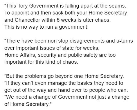 Utter chaos. The Tory Government is falling apart at the seams. My response to the departure of the Home Secretary.