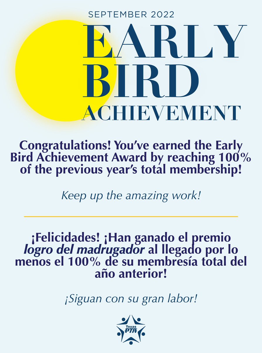 FalconPassPTA's tweet photo. Way to go Voyagers! 🥳 Another month and another achievement! 🤩 Texas PTA has awarded us with the Early Bird Achievement Award. 🐦 Let's all celebrate on Thursday at our Fall Social! If you haven't joined yet - it's not too late - sign up at https://t.co/PZDV42KQdT https://t.co/HdR6dryC29