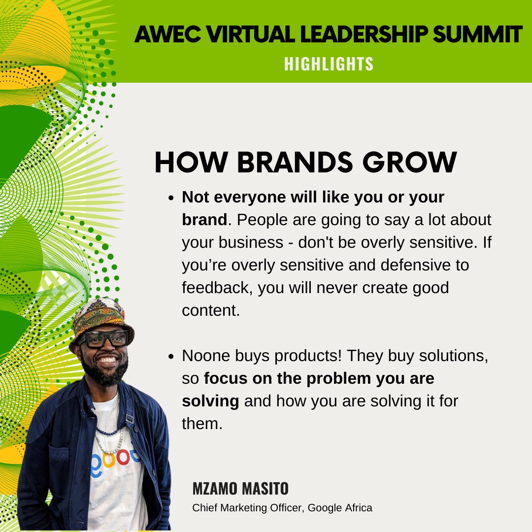 WeAreAWEC's tweet photo. In Dr Mzamo Masito's Masterclass, he shared some harsh truths with our Fellows on how #entrepreneurs build successful brands. 

Here's a few takeaways from the session✍🏾, and feel free to tag other entrepreneurs who might find this useful🙋🏾‍♀️

#awecsummit #TellingMyStory https://t.co/vZPwevQoy5