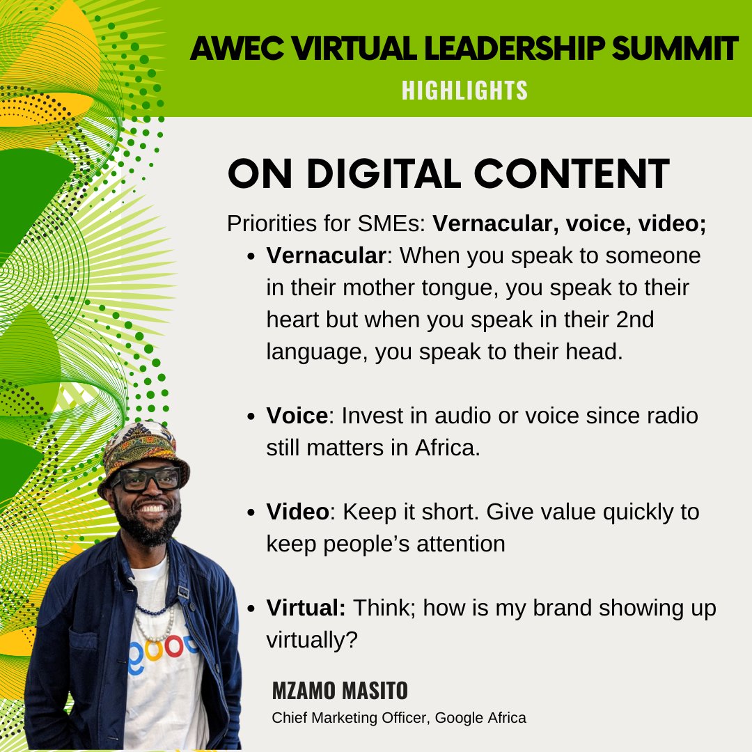 WeAreAWEC's tweet photo. In Dr Mzamo Masito's Masterclass, he shared some harsh truths with our Fellows on how #entrepreneurs build successful brands. 

Here's a few takeaways from the session✍🏾, and feel free to tag other entrepreneurs who might find this useful🙋🏾‍♀️

#awecsummit #TellingMyStory https://t.co/vZPwevQoy5