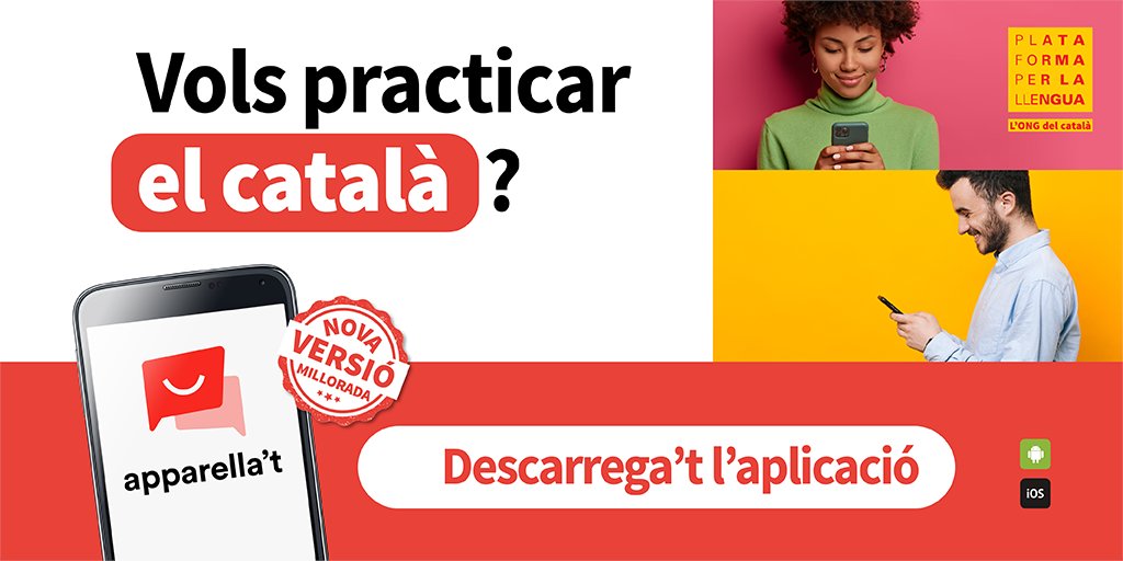 💬 Fes servir l'Apparella't per trobar la teva parella lingüística i practicar català ben a prop de casa.

🚆 Al bar, al transport públic... Qualsevol lloc és bo per millorar el teu català o compartir els teus coneixements!

📱 Descarrega-te-la a onelink.to/jpajyq