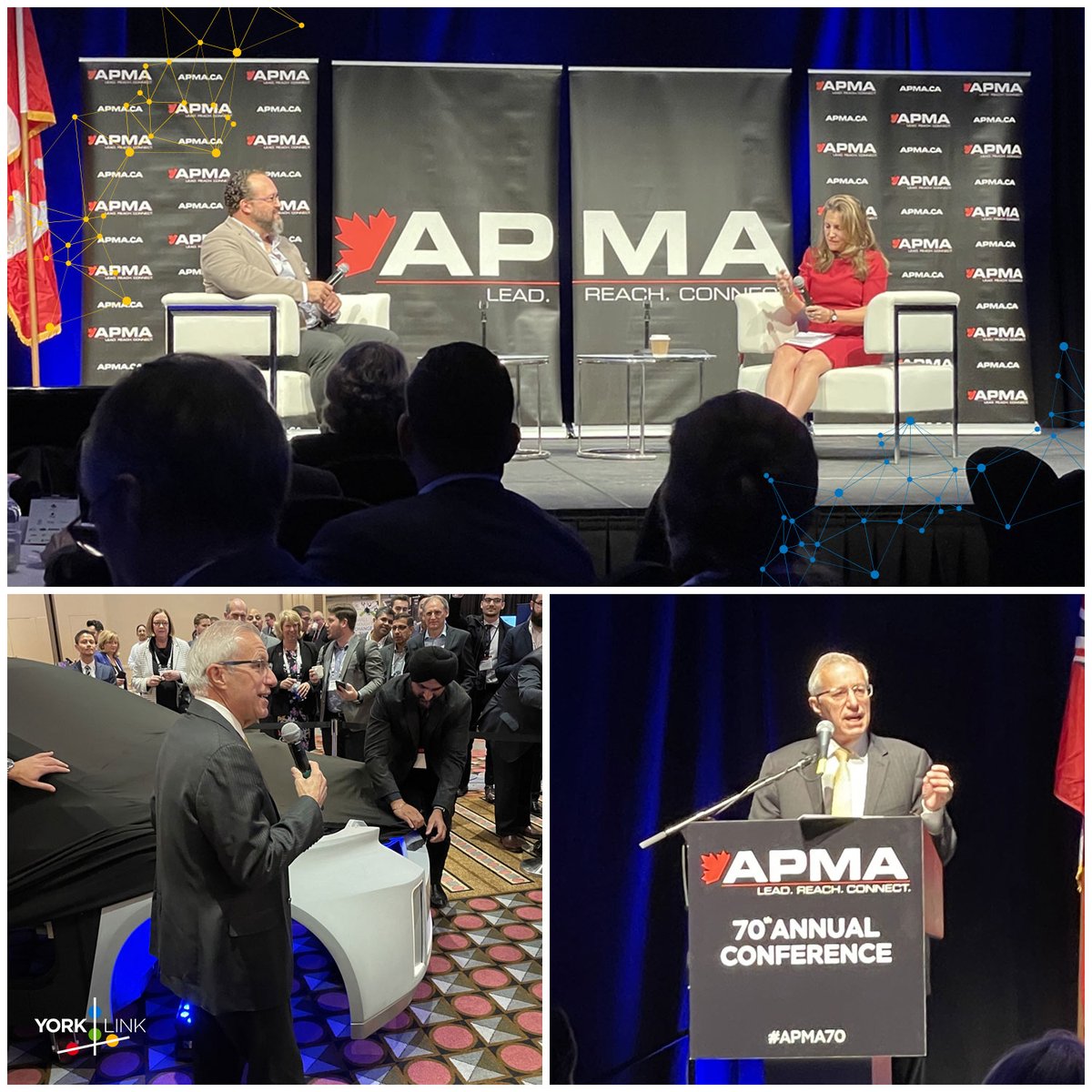 YorkLink's tweet photo. Gaining insight into Fed & Prov Govt approaches for supporting the auto industry at #APMA70; plus a sneak peek of #ProjectArrow. As 🇨🇦's largest independent auto parts & electronics mfg cluster, #YorkRegion is well positioned to be a leader in the future of EV transportation! https://t.co/x5Uu1WBYGA