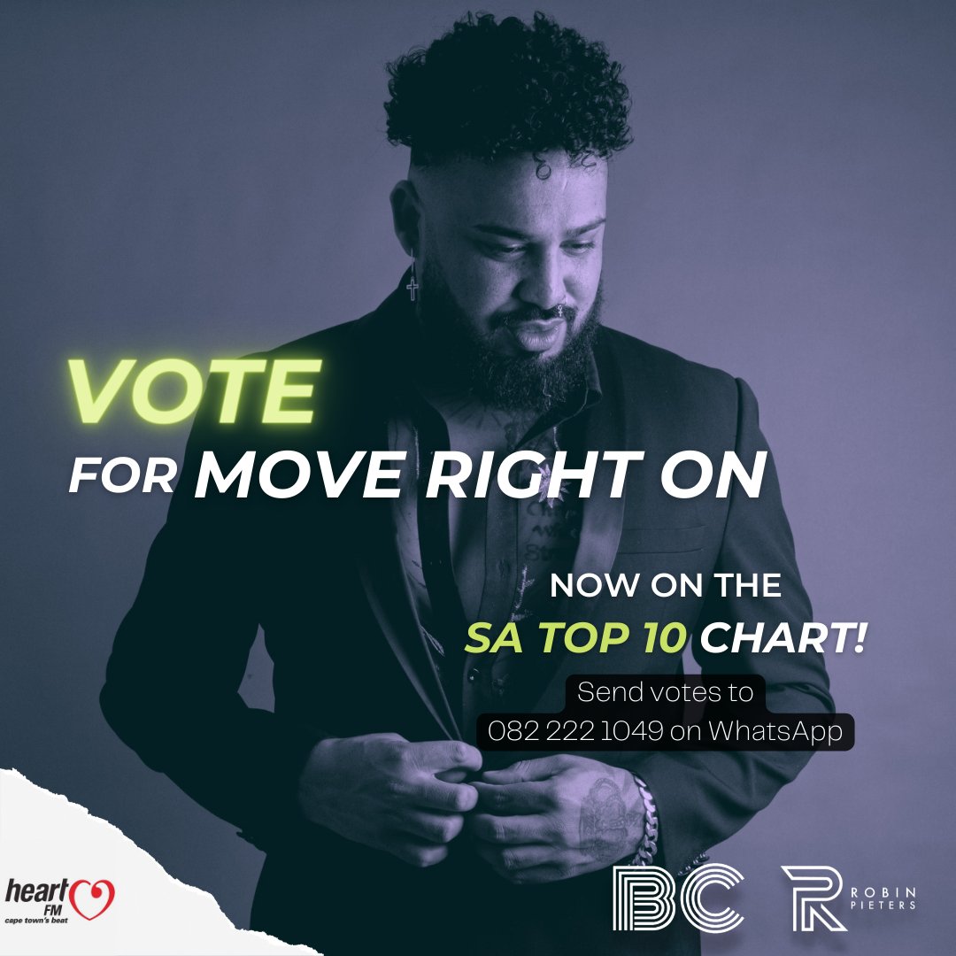 BornCreativeCpt's tweet photo. Hey fam, kindly send in those votes for #MoveRightOn by Robin Pieters to get this song moving up the charts on Heart FM! Much appreciated ππΏπ¦π
Vote Now: https://t.co/fEBxZxCm1u
#SupportLocal
#BCStudios https://t.co/ECNhSRRhAW