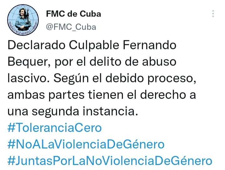 #AlmaMaterInforma sobre sentencia contra Fernando Bécquer por el delito de abuso lascivo ✊🏻♀️⚖️ La @FMC_Cuba informó en su cuenta de Twitter que el acusado fue declarado culpable por el delito de abuso lascivo.