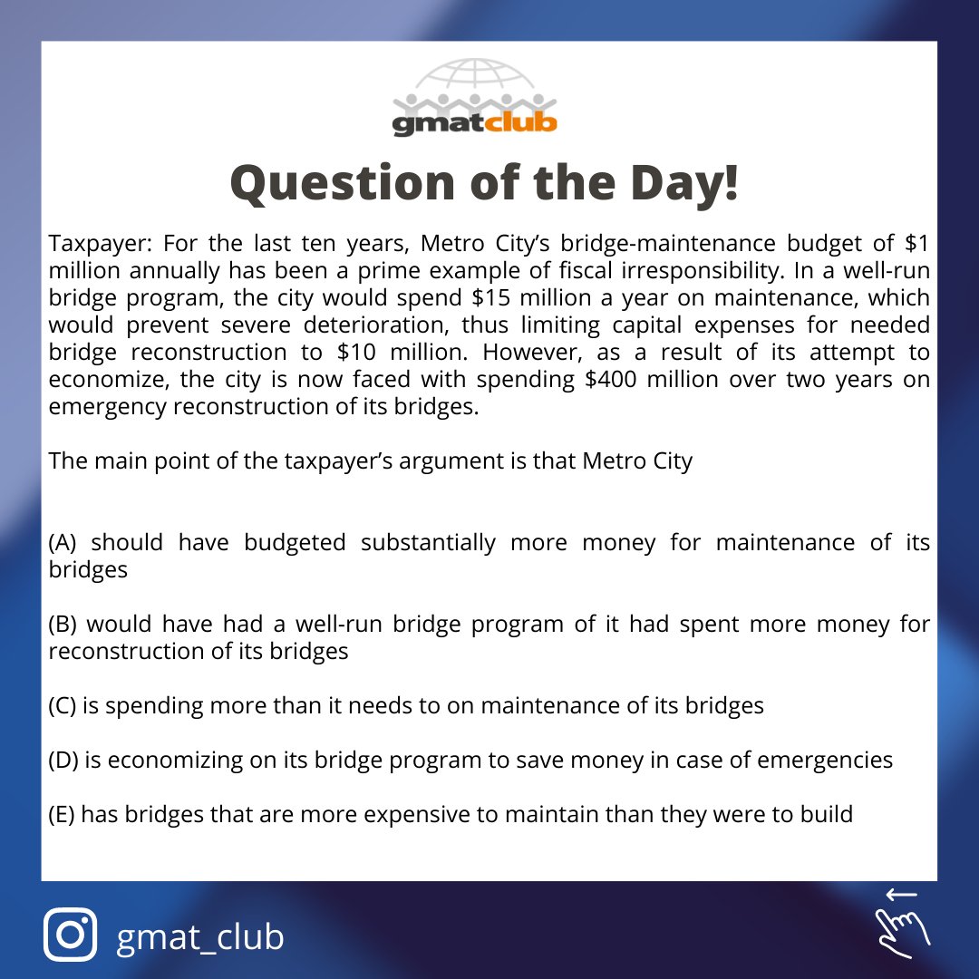 gmat_club's tweet photo. Question of the Day! 😜
Explanation link: https://t.co/BoFRkLc0yI

#gmat #gmatverbal #gmatclub #verbal #sentencecorrection #gmatprep #criticalreasoning #questionoftheday #gmatclubqotd #600level #criticalreasoning https://t.co/nw0SXSvnTJ