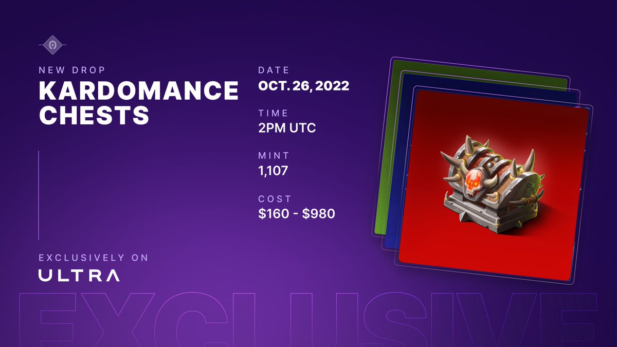 Unlock the secrets of the <a href="/Kardomance/">Kardomance</a> chests 🔓🗝️

There are 3 distinct chests with varying supply, pricing &amp; rewards. Players will find several #NFT cards &amp; goodies that can be used in-game!

Learn more: bit.ly/3EUxUkJ
Get ready: ultra.io/download

#BeUniq