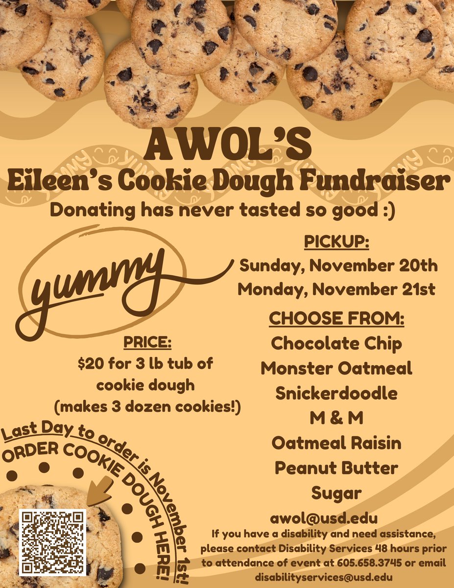 usdawol's tweet photo. YUM! YUM!! YUM!!!
AWOL is hosting an Eileen’s Cookie Dough Fundraiser - Scan the QR code to order!

🍪$20 for a 3lb tub
🍪 Last day to order is November 1st 
🍪Choose from Chocolate Chip, Monster Oatmeal, Snickerdoodle, M&amp;M, Oatmeal Raisin, Peanut Butter, and Sugar Cookie!! https://t.co/o0NtiJFO41