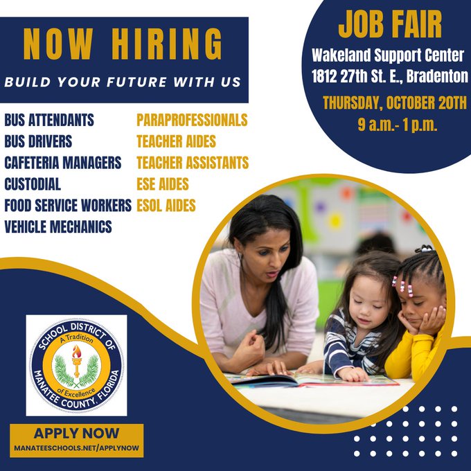 MCSD_FNS's tweet photo. Join at the Operations Job Fair tomorrow at the Wakeland Support Center, 9am-1pm. Now hiring for Bus Drivers, Food Service Workers, Cafeteria Managers, Custodial, Teacher Aides, Paraprofessionals and more.
https://t.co/7JssmZq8j1 https://t.co/m1uxUWnHYX