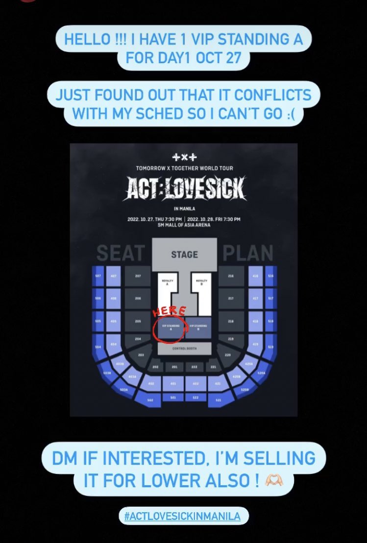 chrise11s's tweet photo. WTS LFB TXT LOVESICK IN MANILA
Hello, helping a friend sell her ticket. Please rt and just dm me if interested. Its being sold in a lower price too 🥺 #TXTInManila #ACTLOVESICKinMNL #ACTLOVESICKinMANILA #TXT https://t.co/kc1JAifD7D