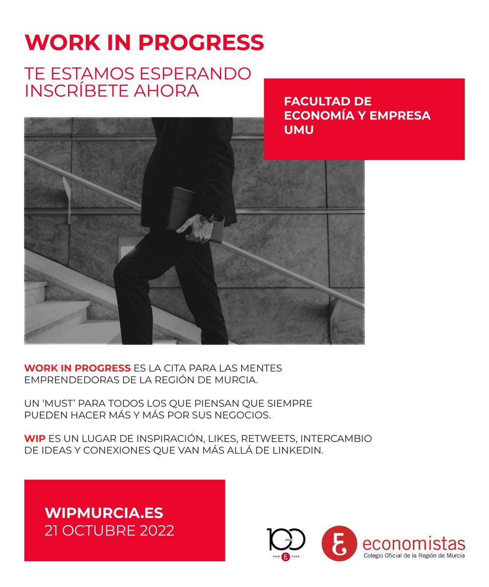 🚀 Este próximo jueves se celebra un Work In Progress en <a href="/EconomicasUMU/">Facultad de Economía y Empresa UMU</a> y tenemos el placer de participar.

🧠 Un evento que no se puede perder nadie con una importante inquietud emprendedora y que promete ser de lo más inspirador.

🙋🏻‍♂️ ¡Esperamos verte por allí!