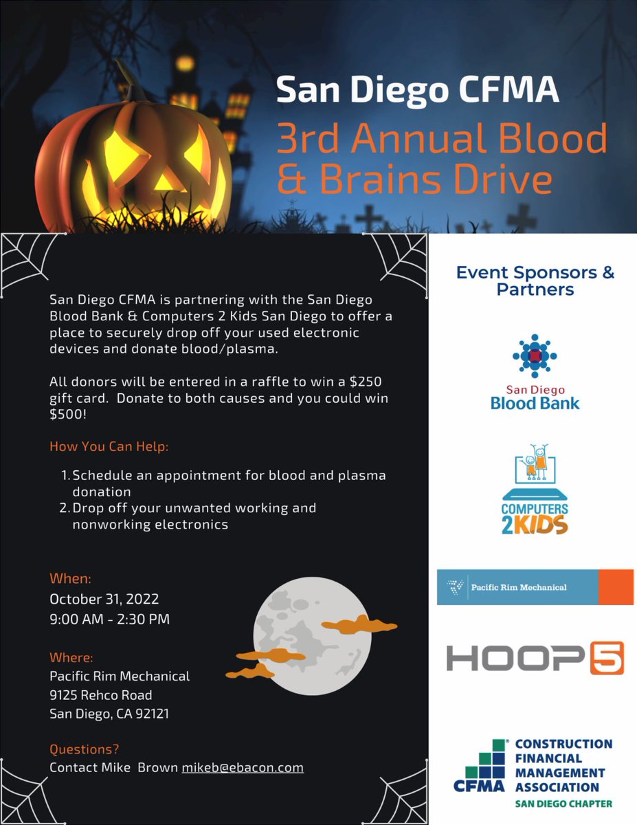 🩸3rd Annual Blood & Brains Drive - Oct 31st 🧠 Don't forget to schedule your blood donation appt: mysdbb.org/donor/schedule… All donors will be entered in a raffle to win a $250 gift card. Donate to both causes and you could win $500! #EWasteRecycling #DonateBlood @sdbloodbank