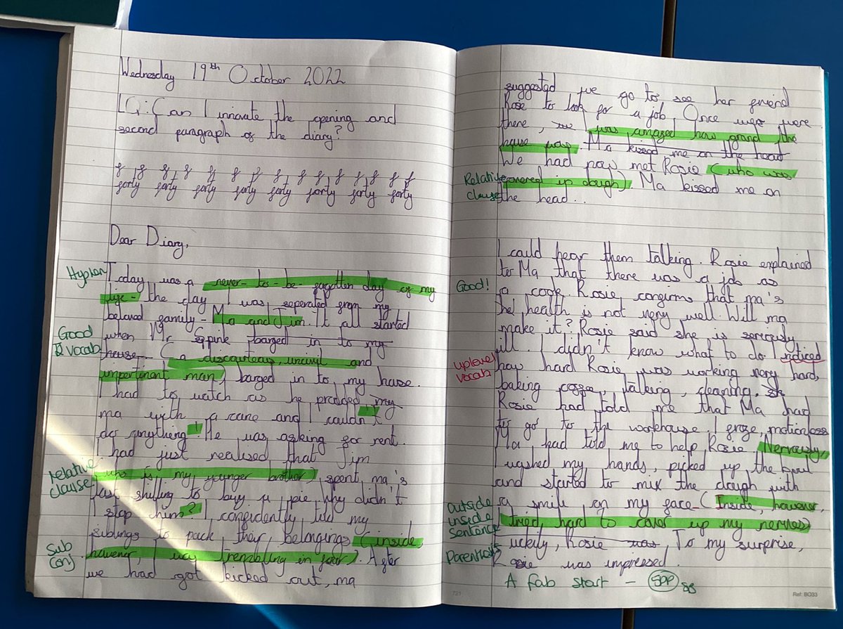 HeathMount's tweet photo. Year 6 have been innovating parts of a diary as part of their non-fiction writing. They took the role of Emily Jarvis from Street Child. Have a read of the opening and second paragraph. They have captured the characters emotions. @ExcelsiorMAT @anita_chahal #talk4write @ahmedk78 https://t.co/Hix0wVfJlN